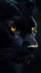 Black Panther with Luminous Amber Eyes in Darkness