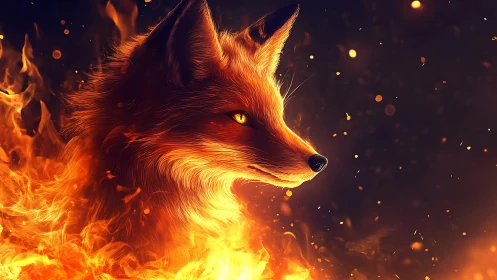 Side profile of fiery fox in dark abstract environment.