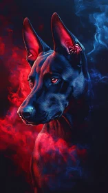 Cybercanine portrait in dual red blue neon smoke lighting.