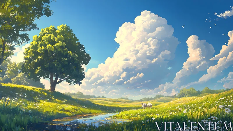 Sunlit meadow landscape under towering summer clouds.