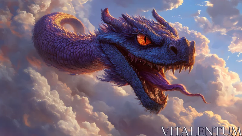 Iridescent sky serpent dragon head emerging through sunset clouds