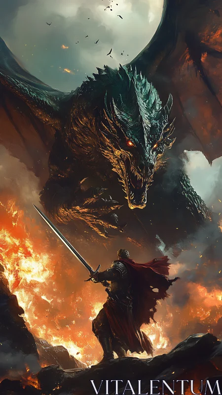 Armored knight confronts colossal dragon in flaming chasm.