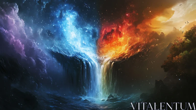 Elemental waterfall divides fiery sky and cosmic storm.
