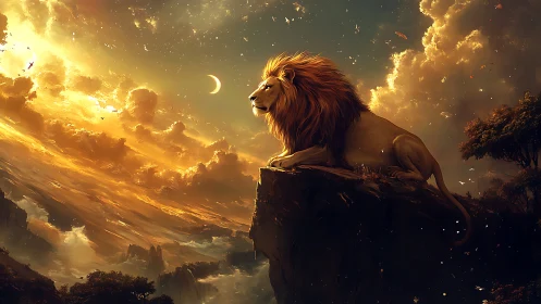 Lion on rocky cliff under crescent moon in glowing sky.
