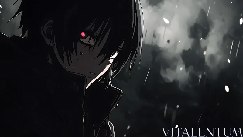Brooding anime antihero stands in rain with glowing red eye