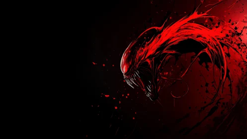 Aggressively stylized red symbiotic creature rendered in dynamic splatter