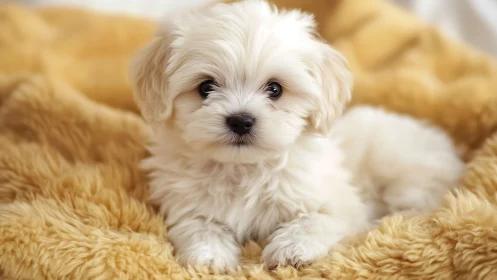 Small white puppy on golden faux fur blanket, shallow depth