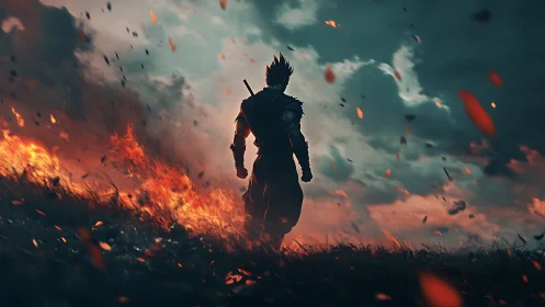 Warrior strides through burning field under stormy sky