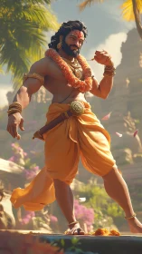 Sunlit warrior-priest strides through petals and ancient stone