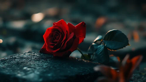 Red rose lying on stone in soft evening light outdoors