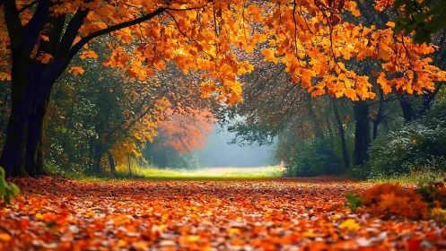 Autumn forest path glows beneath vibrant golden canopy.