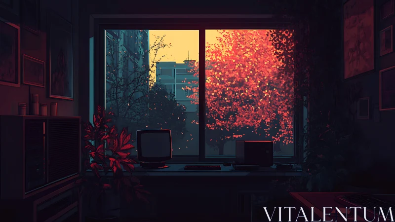 Interior workspace facing window with illuminated autumn tree.