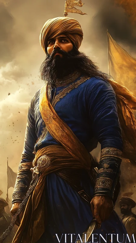 Gallant warrior in blue robes stands tall beneath golden sky
