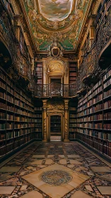 Baroque palace library corridor with gilded ceiling fresco.