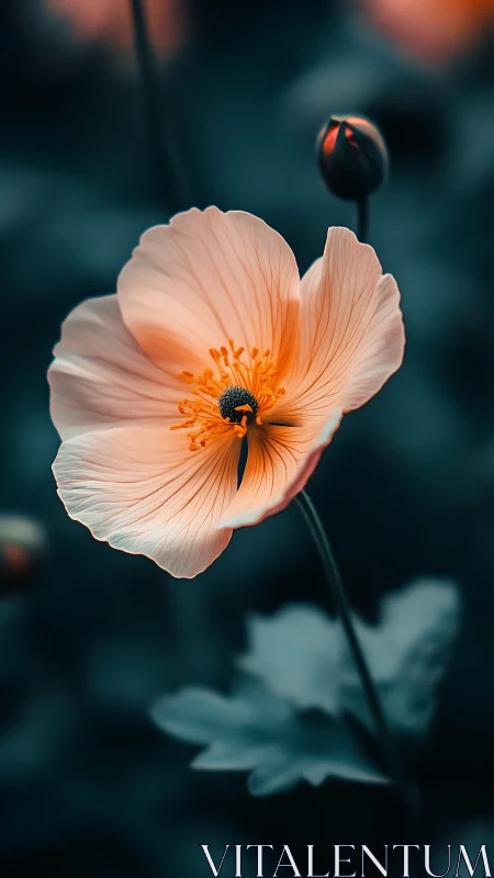 Peach-toned flower bloom with orange stamens displayed in selective focus composition.