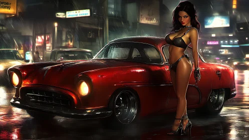 Red vintage car and model on wet neon city street at night.