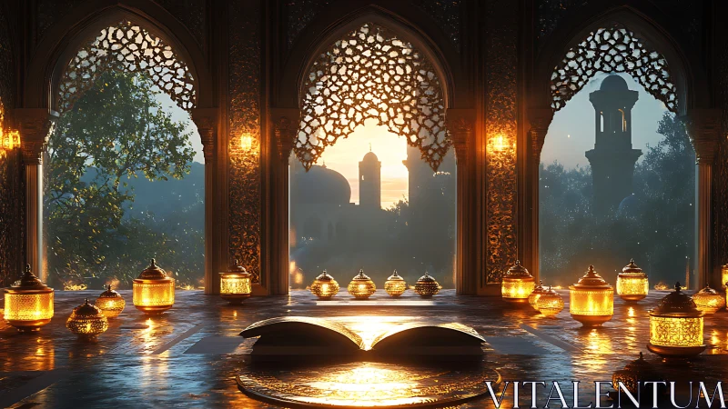 Golden lantern-lit reading nook in a tranquil sunset mosque.