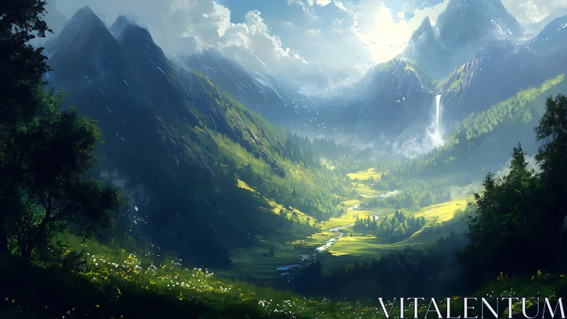 Sunlit mountain valley where quiet rivers wander slowly.