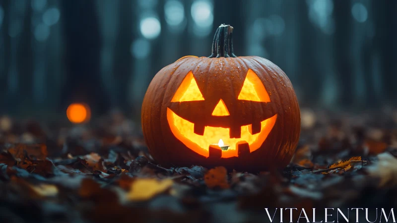 Glowing jack o lantern smiles warmly in a misty autumn forest