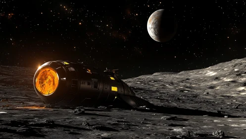 Lunar surface with cylindrical spacecraft and distant planet.