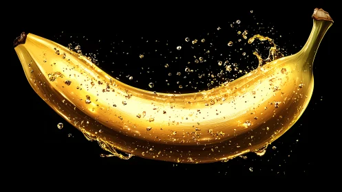 Golden banana splashes through liquid light on black