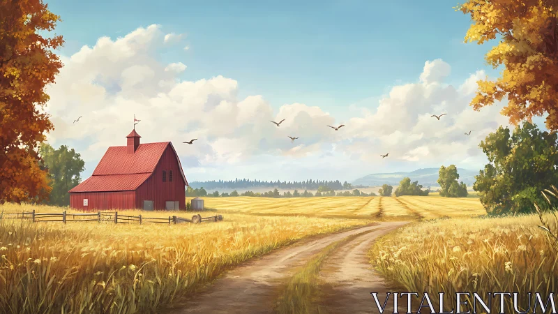 Golden country road leads past a cozy red barn home