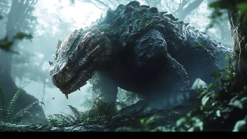 Colossal mossed dragon stalking misty forest floor.