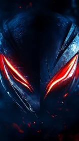 Symmetrical armored visor with emissive red slits and scorched wear