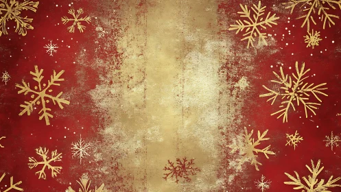 Gold snowflakes frame textured red and beige Christmas background