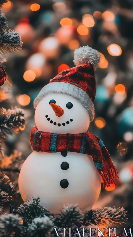 Cozy snowman glowing among soft holiday tree lights.