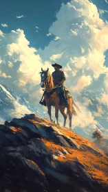 Lone cowboy surveys sunlit mountain ridge beneath vast sky.