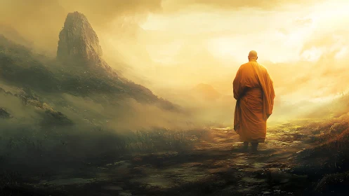 Solitary monk traverses misty golden mountain pass at dawn.