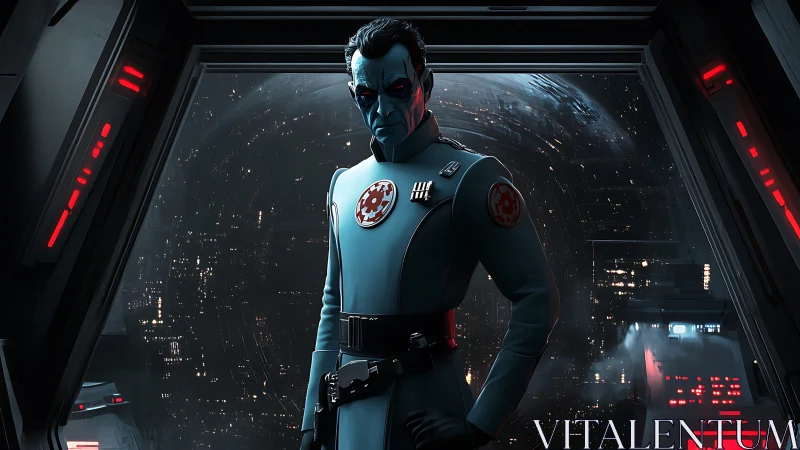 Blue-skinned officer oversees deep space battle from bridge