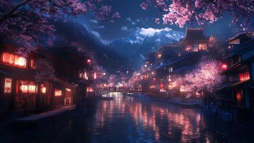 Night canal town glows under lanterns and distant snowy peaks