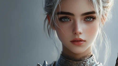Silver-haired warrior girl gazes ahead in soft focus portrait.