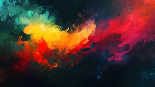 Vivid Abstract Painting with Bold Red, Yellow, and Blue Brushstrokes.