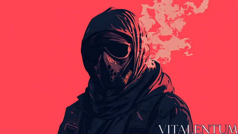 Hooded figure in respirator mask on flat red background.