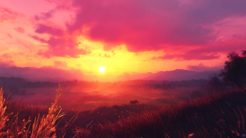 Radiant sunset burns over misty valley with grazing horse