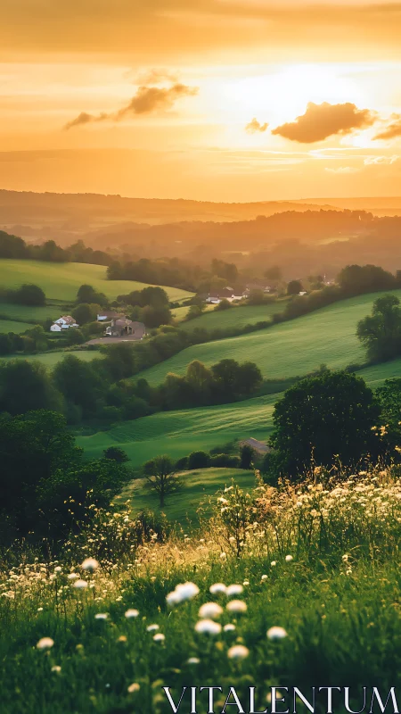 Golden countryside sunset bathes rolling green hills in light.