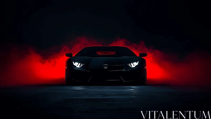 Midnight supercar emerging through dramatic red haze.