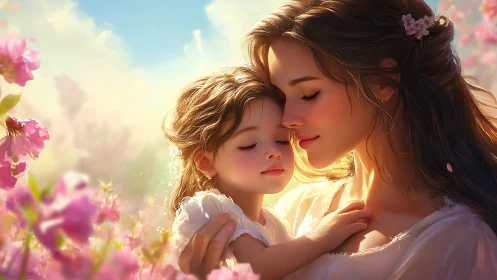 Two figures in flowering landscape under golden sunlight.