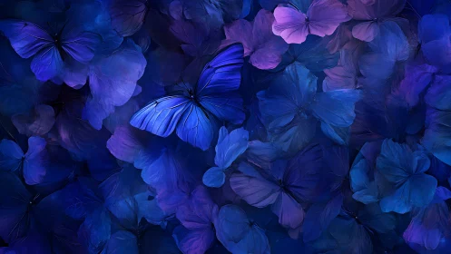 Blue and purple butterflies overlap in dense textured cluster