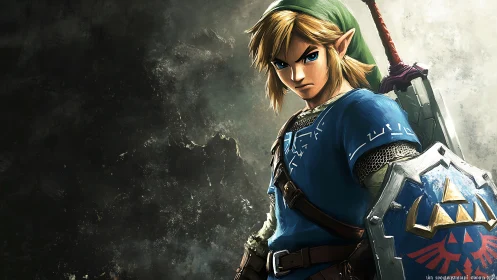 Heroic anime warrior with sword and shield artwork.