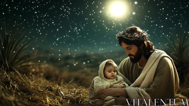 Sacred night scene of man cradling infant beneath bright star.