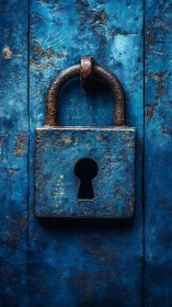 Weathered metal padlock on distressed blue painted door.