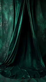 Deep green velvet curtain framing dark empty interior.