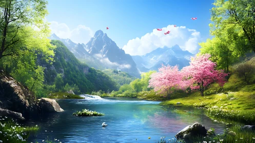 Blossoming riverside whispers under watchful crystal peaks