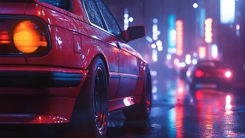 Red car in neon lit rainy night city street scene.