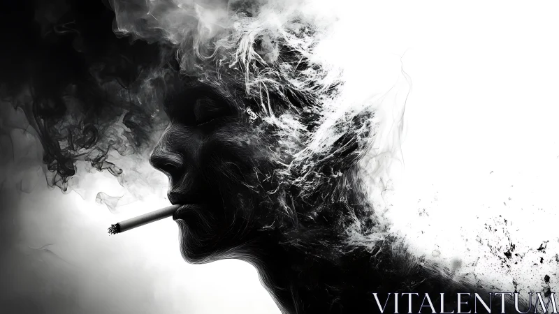 Smoky portrait dissolves into swirling monochrome abstraction.