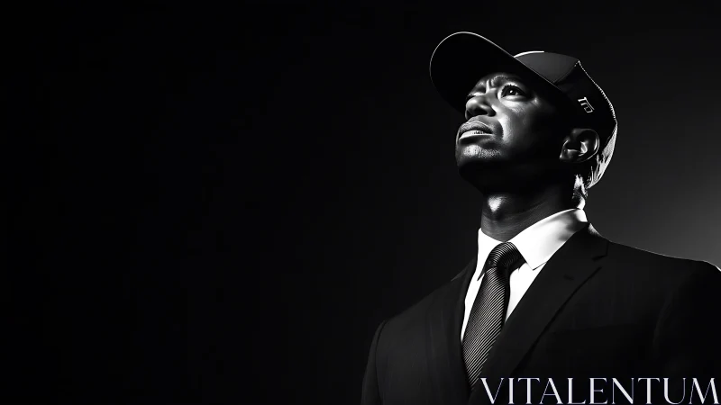 Sharp-suited dreamer gazes upward in sculpted monochrome light.